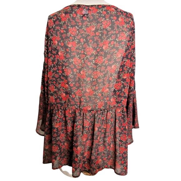 Torrid Sheer Red Rose Boho Chiffon Peasant Top Size Large - Picture 2 of 3
